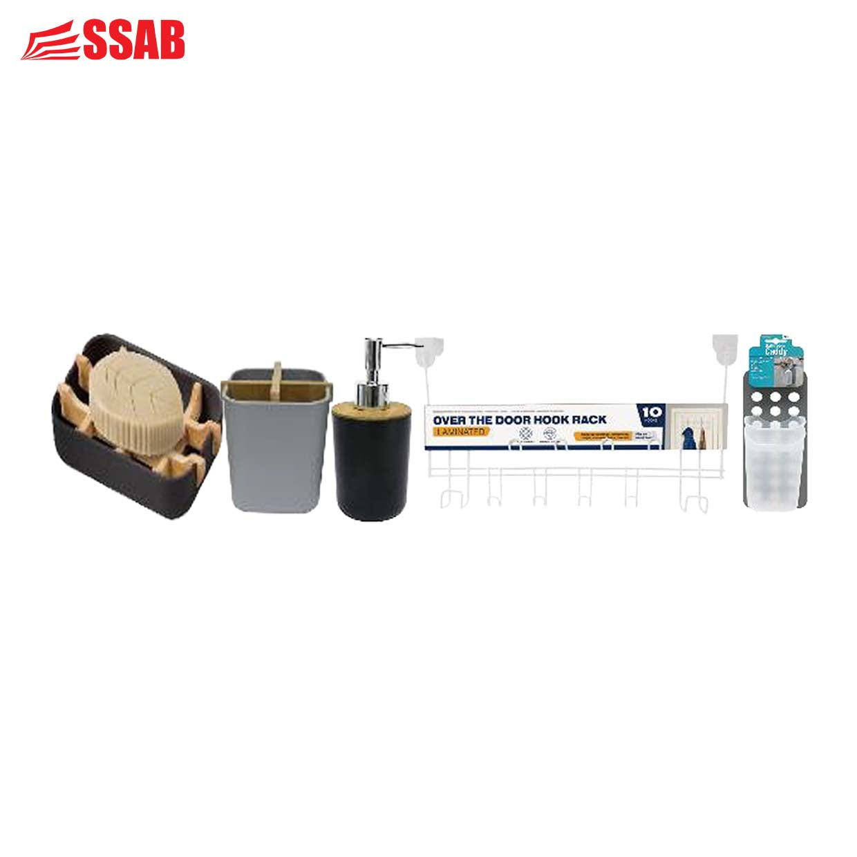 Bathroom Caddy with Backboard 3 Pieces 32 x 12cm/Over-Door Hook Rack Laminated 40 x 23cm/Eco-Friendly Soap Dispenser 3 Assorted Colors/Eco-Friendly Toothbrush Holder 3 Assorted Colors/Eco-Friendly Soap Dish 12x8x2cm 3 Assorted Colors