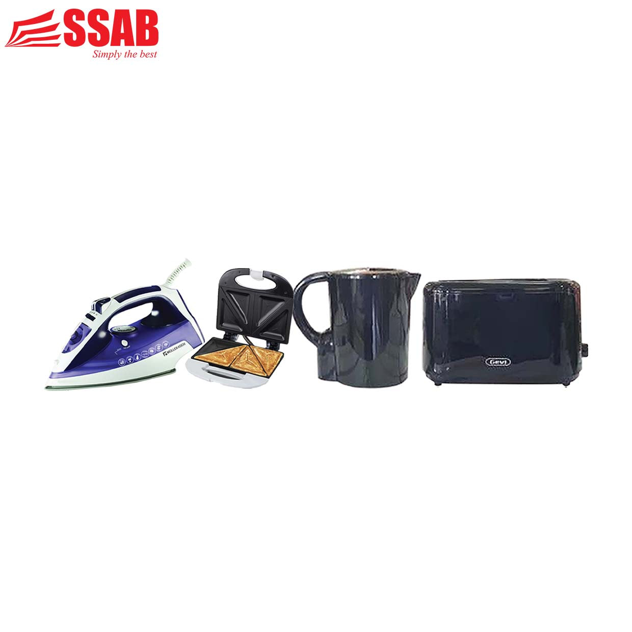 GEVI STEAM IRON 1.5L/ANKO SANDWICH MAKER 2-SLICE/GEVI PLASTIC BLACK KETTLE 1.7L/GEVI 2 SLICE BLACKE TOASTER COOL-TOUCH