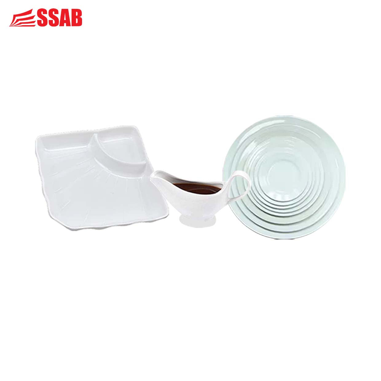 1 X WHITE CERAMIC GRAVY BOAT/JUICE BUCKET/1 X WHITE CERAMICSEASONING SAUCER/11" DINNER PLATE/11" DINNER PLATE