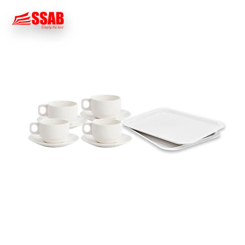 4X CERAMIC TEA CUP + SAUCER/1X SQUARE SERVING TRAY