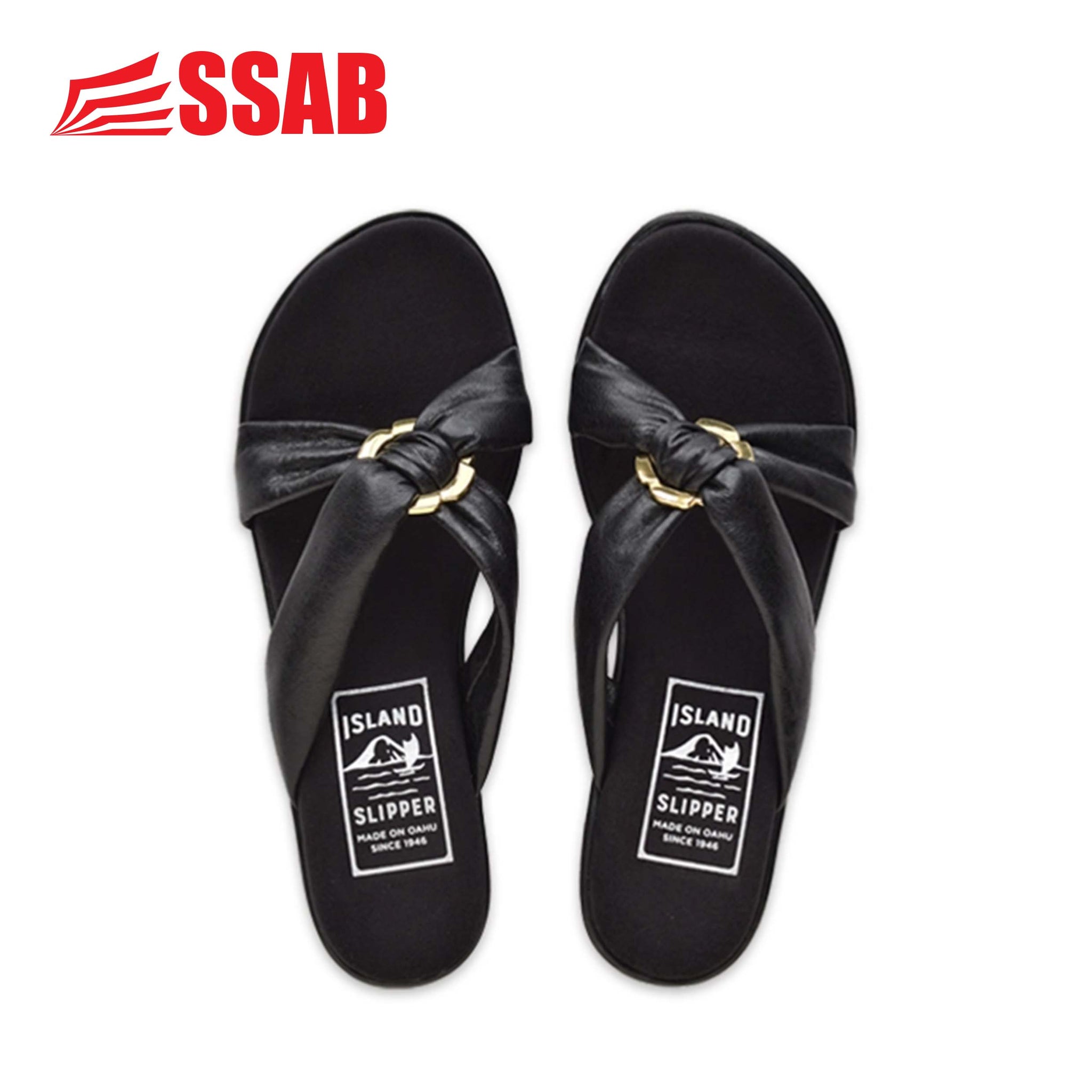Island Slippers Leather slide with ring black