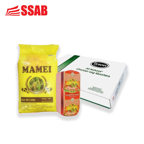 Chicken Leg Quarter 15KG & MAMEI RICE 20LB & Belmont Chopped Ham 2.27KG