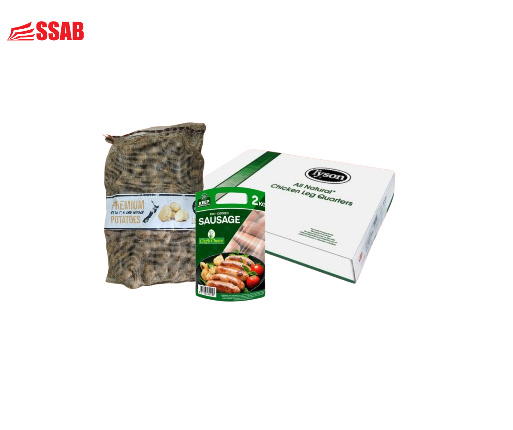 CHICKEN LEG QUARTER LEG 15KG / CHEF CHOICE PRECOOK SAUSAGE 2KG / POTATO CRUSHED 20KG BAG