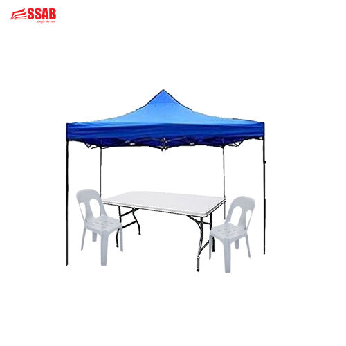 2X PIPEE CHAIRS ASSORTED COLORS 1X FOLDING  TABLE 6FT 1X CANOPY TENT 3X3M