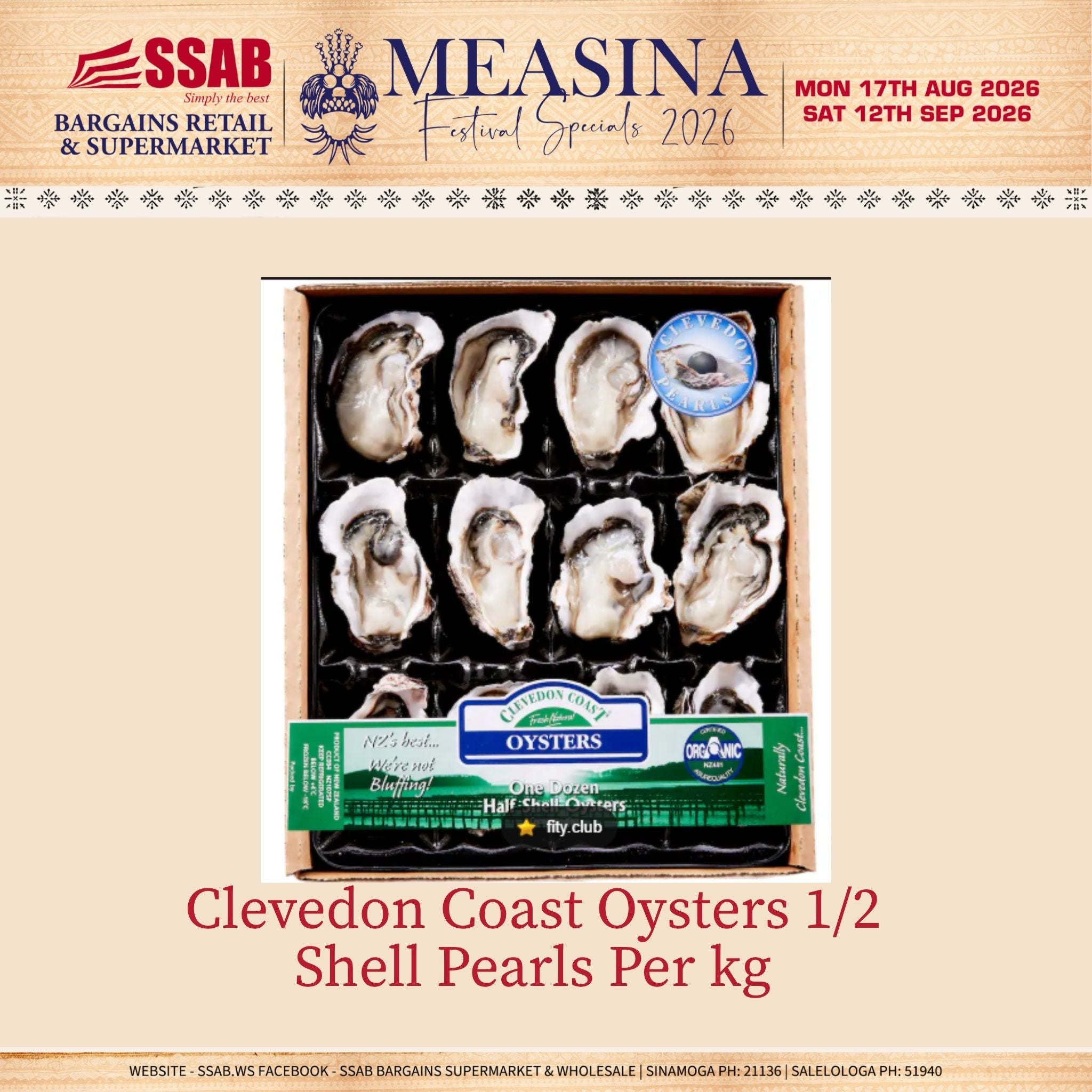 Clevedon Coast Oysters 1/2 Shell Pearls Per kg