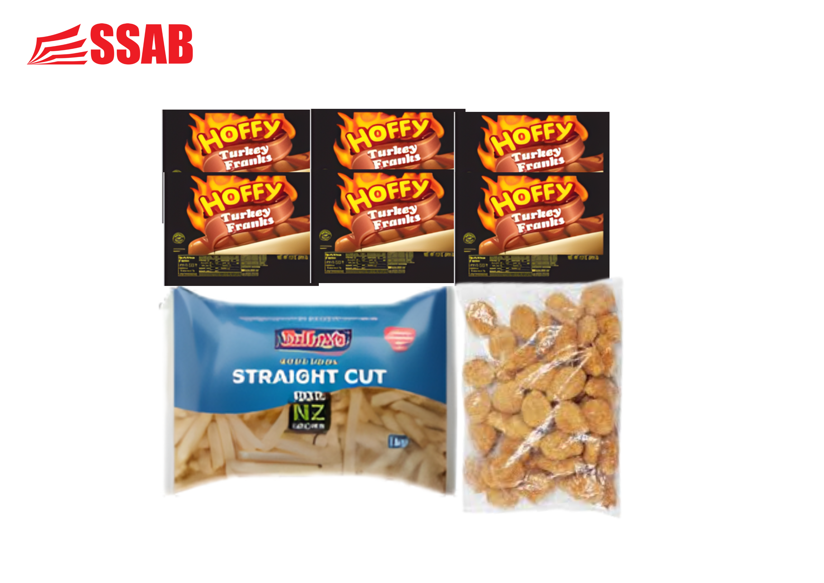 2X FRY STRAIGHT 13MM 1KG/6X HOFFY CHICKEN FRANKS 12OZ/1X FAIRMARKET CHICKEN NUGGETS 1KG