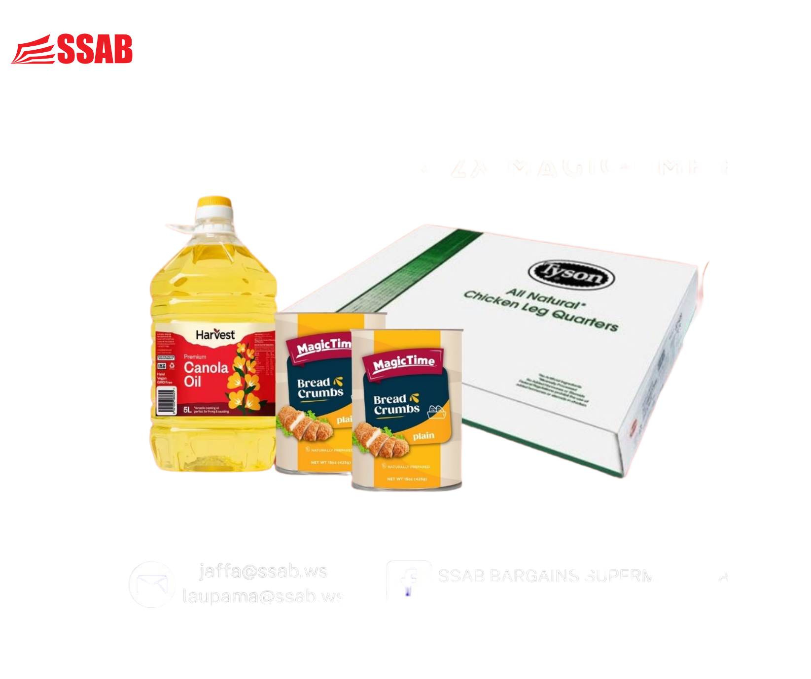 CHICKEN LEG QUARTER LEG 15KG / HARVEST CANOLA OIL 5L / 2X MAGICTIME BREAD CRUMBS 425G